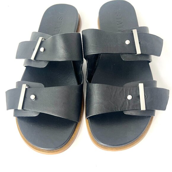 Sz 8.5 - 1.State Women's Ocel Black Leather Dual Buckle Strap Slip On Sandal - Picture 4 of 10